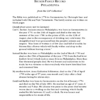 Becker Family Record, Philadelphia