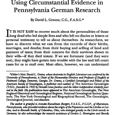 The Parents of Nicholas Michel of Northampton County, Pennsylvania: Using Circumstantial Evidence in Pennsylvania German Research