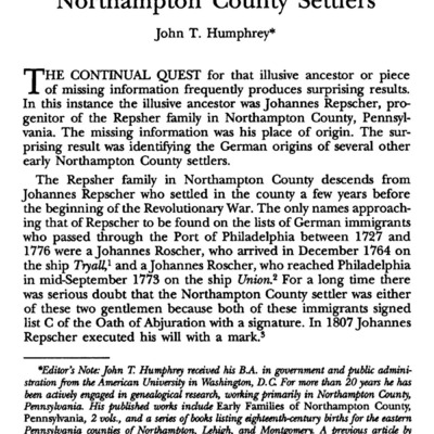 Establishing the German Origins of Several Northampton County Settlers