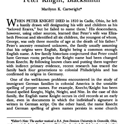 Using Indirect Evidence to Forge Links in the Ancestry of Peter Knight, Blacksmith